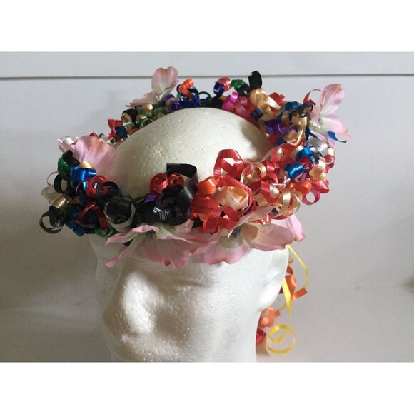 Flower Crown with Pink and Green Flowers Halo Boho Multi Colored Ribbons Flower main image 5